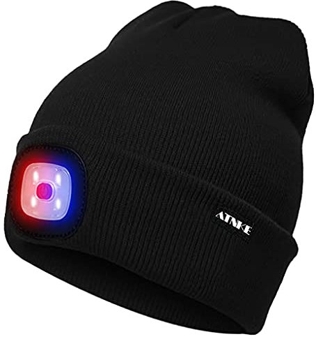 ATNKE LED Beleuchtete Mütze,Wiederaufladbare USB 4 LED Rot und Blau Leuchten Blinkender Laufmütze mit Licht Extrem Heller Lampe Winter Warme für Herren und Damen Geschenke/Black