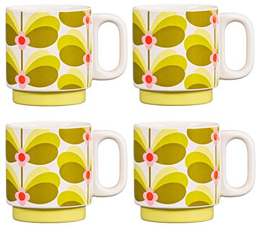 Orla Kiely Set of 4 Ceramic Stacking Mugs - Butterfly Stem Dandelion