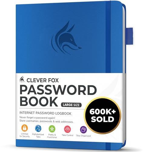 Clever Fox Password Book with Alphabetical Tabs, 18x25 Keeper Royal Blue | Hardcover 18 x 25cm, large password keeper & internet address book for seniors, office supplies, website login organizer