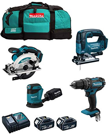 Kit MAKITA MK404 (Schlagbohrschrauber DHP482 + Handkreissäge DSS610 + Pendelhubstichsäge DJV182 + Exzenterschleifer DBO180 + 2 Batterien 5,0 Ah + Ladegerät + LXT600)