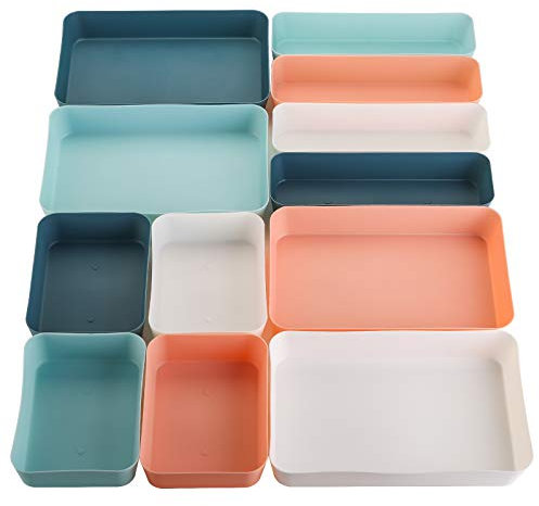 Suwimut 12 Pieces Plastic Drawer Organizer Set, 3 Size Desk Drawer Organizer Divider Trays for Makeup, Jewelry, Utensils, Gadgets, Vanity Storage Bins for Kitchen, Bedroom, Bathroom, Office