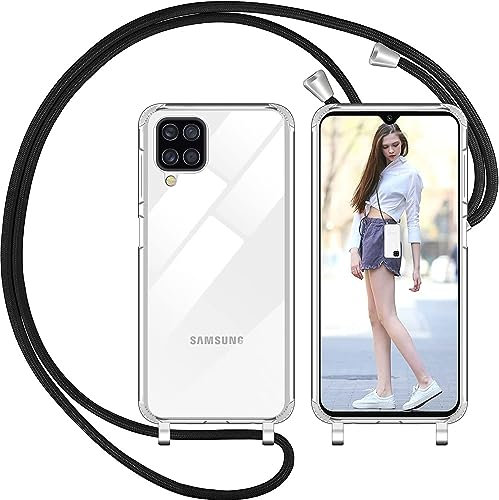 Nupcknn Handykette Hülle für Samsung Galaxy A12/M12 Hülle TPU Bumper+PC Back Necklace(abnehmbar) Transparent Hülle mit Kordel zum Umhängen Handy Schutzhülle mit Band(Schwarz)