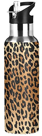 xigua Gourde de sport Leopard avec couvercle à paille double paroi isotherme en acier inoxydable 590 ml