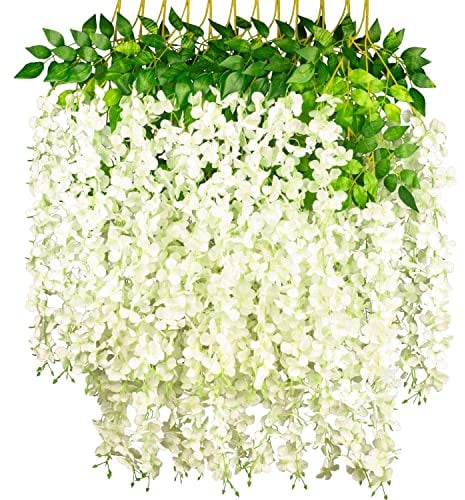 NITAIUN 12 Pcs Fleurs Artificielles Faux Wisteria Vigne Guirlande Suspendue Romantique Glycine Fleurs pour Mariage Arche Arrangement Cérémonie Maison Jardin Party Décoration (Blanche)