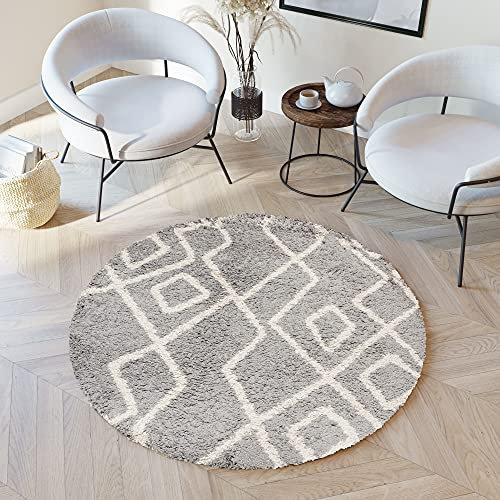TAPISO Boho Rund Teppich Hochflor Langflor Shaggy Grau Beige Geometrisch Abstrakt Linien Figuren Schlafzimmer Wohnzimmer Modern ÖKOTEX 200 x 200 cm