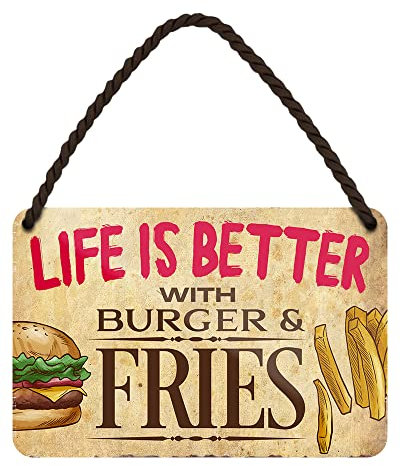 Life is Better with Burger & Fries - Retro Deko Hängeschild mit Kordel und Saugnapf - Dekoration Küche Grillecke Burgerladen - 18x12cm
