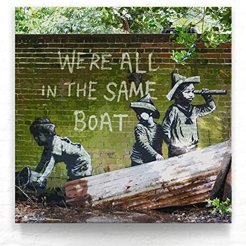 Leinwandbild Banksy Art 'In the Same Boat' - Street Art Kunstdruck als Wand-Deko - 30x30cm Abstrakt Wandbild für Wohnzimmer, Büro
