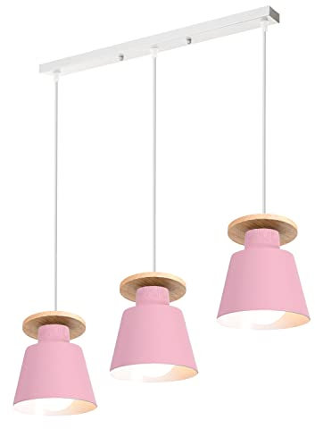 TOKIUS Pendelleuchte Vintage 3-flammig Hängelampe Holz Metall Lampenschirm Industrial Hängelleuchte Deckenlampe für Wohnzimmer Esszimmer (Rosa, Typ B)
