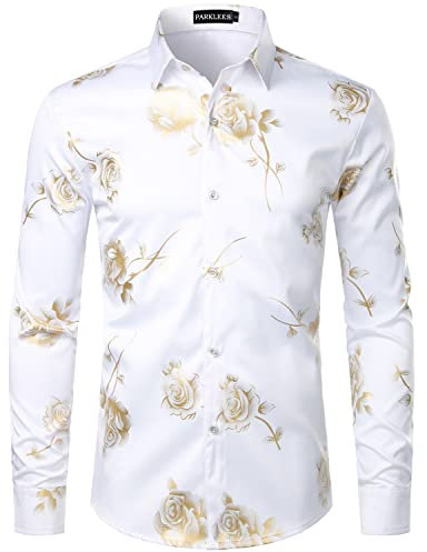 PARKLEES Men's Shiny Gold 3D Rose Print Slim Fit Button Down Dress Shirt for Nightclub Party White Champagne L