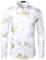 PARKLEES Men's Shiny Gold 3D Rose Print Slim Fit Button Down Dress Shirt for Nightclub Party White Champagne L