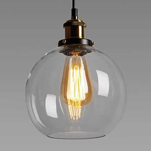 foucasal FORCOSO Vintage Glass Pendant Light, Industrial Ceiling Lights with Clear Ball Glass Light Shade, Adjustable Pendant Lighting for Kitchen Island Dining Room Bedroom (ø20CM)