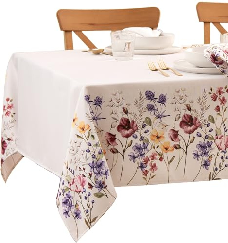 Elrene Home Fashions Poppy Wildflower Botanical Border Fabric Tablecloth, Rectangle, 60 inches X 84 inches