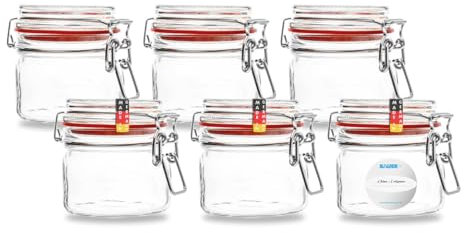 Flaschenbauer - 6-teiliges Set Drahtbügel-Vorratsgläser 314ml, geeignet als Einmach- und Fermentierglas, zur Aufbewahrung, zum Befüllen, inklusive Etiketten, Gläser mit Drahtbügel - Made in Germany