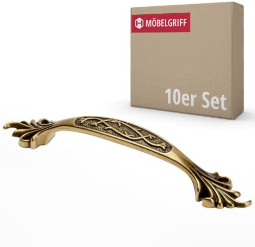 Gedotec Möbelgriffe aus Metall | 10 Stück Schrankgriffe - Messing antik inkl. Befestigungsmaterial | JOSEF | BA: 96 mm | Türgriffe für Schränke Griffe für Küchenschränke Griffe Möbel Küchengriffe