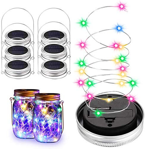 Solar-Einmachglas-Lichterkette, 6 Stück, 20 LED-Feen, Glühwürmchen, Einmachglas-Deckel, Lichterkette mit Aufhänger (Gläser Nicht Im Lieferumfang enthalten), Ideal für (Silber)