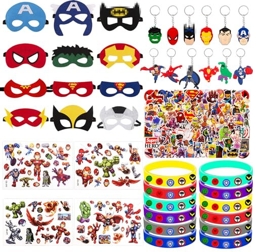 90Pcs Superhelden Mitgebsel Kindergeburtstag, Geburtstagsdeko Geburtstag Deko 12 Silikon Armbänder 12 Masken 12 Schlüsselschnalle 4 Tattoo 50 Aufkleber Zubehör Gadget Kinder