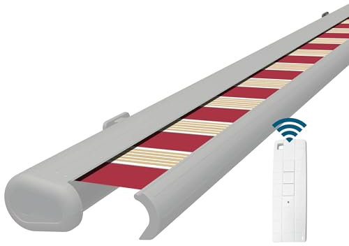 Eclipse Vollkassettenmarkise Premium elektrisch 2x1,5m Markise Balkon Terrassenüberdachung Kassettenmarkise Gelenkarm Polyacryltuch UV-Schutz 50+ Smarthome-fähiger Dooya Motor, Markisentuch: Rot-Weiß