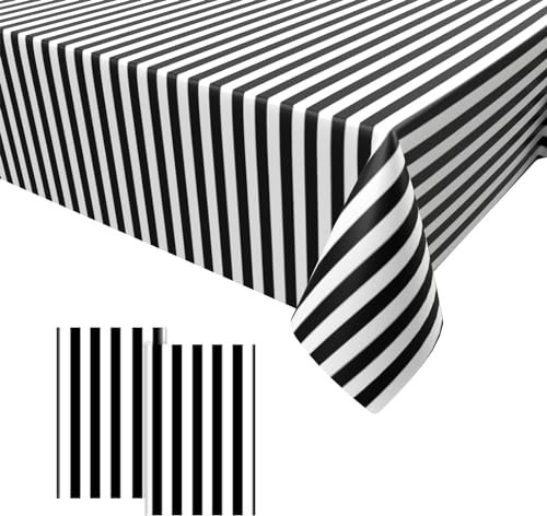 2PCS Party Tischdecke Streifen,Schwarz Weiß Streifen Tischdecken Geburtstag Einweg Tischdecke aus Kunststoff Bierbank Tischdecke Kindergeburtstag Dekorationen für Jungen Mädchen 137 * 274cm