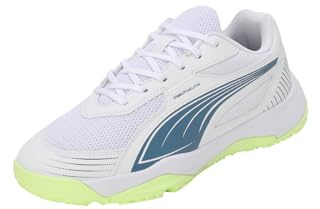 PUMA Unisex Youth SOLARFLASH III JR Indoor Court Shoe, PUMA White-Blue Horizon-Fizzy Apple, 13 UK Child