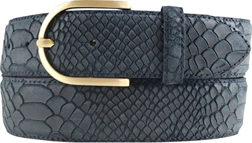 BELTINGER Damen-Gürtel mit Pythonprägung 4 cm | Leder-Gürtel für Damen 40mm Schlangen-Optik | Schlangen-Muster mit goldener Gürtelschließe | Marine 95cm