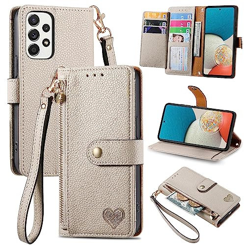 VEEMOS Zipper Wallet Case for Samsung Galaxy A53 5G Phone Case with Purse Card Holders RFID Blocking Leather Flip Case Book Cover Wrist Strap Women - Gray