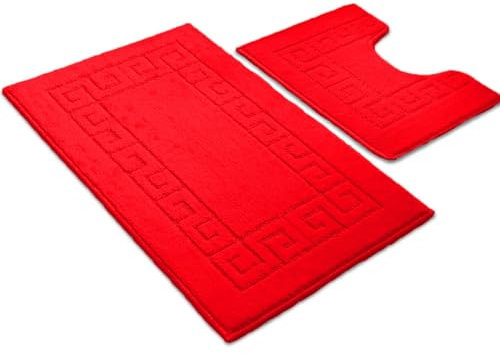 Paradise Products Greek Key Pattern Bath Mats 2 Piece Sets Non Slip Bathroom Mat - Soft Washable Rug Quick Dry Water Absorbent Bathroom Shower Mat & Pedestal Set (Red)