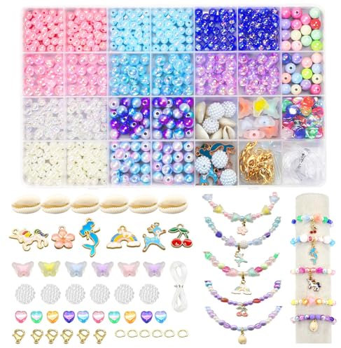 Perlen Set für Auffädeln, 605 Stück Armbänder Selber Machen mit 6/8mm Bunte Perlen Bastelperlen Pearls, Einhorn Meerjungfrau und Anhänger, DIY Bracelet Making Basteln für Mädchen