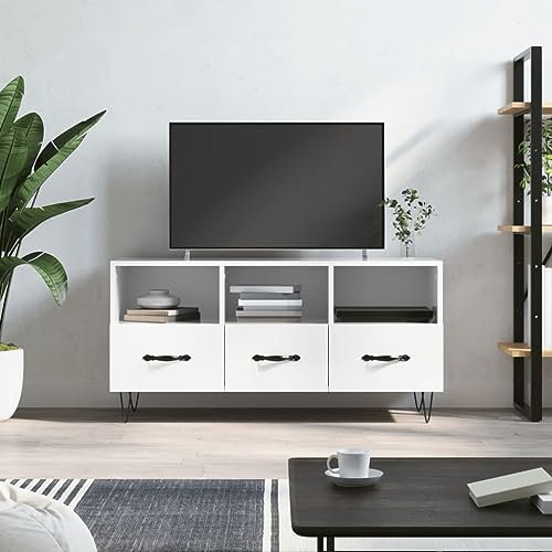 TJROO Meuble TV avec tiroirs Blanc brillant 102 x 36 x 50 cm Bois multicouche y fer Meuble TV avec tiroirs Commode Bois Meubles Télévision Mobile Salon Meuble TV Console TV
