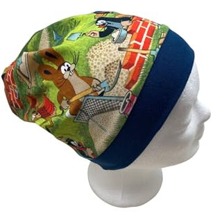 Beanie Mütze aus Baumwolljersey mit dem kleinen Maulwurf auf der Baustelle (ungefüttert, Kopfumfang 48-53 cm)