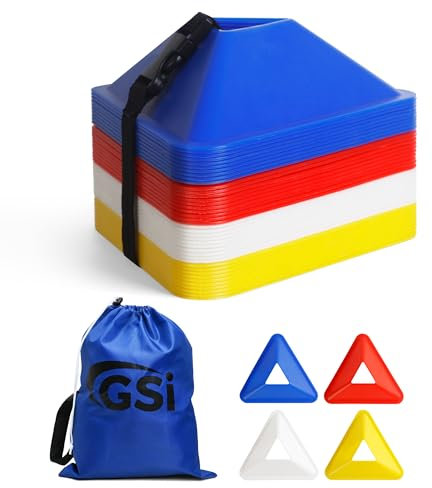 GSi Triangle Soccer Cones for Training - 40 Soccer Drill Cones in 4 Colors, Strap & Bag Included, Training Cones for Drills & Boundary Marking, Cones for Sports Training, Sports Cones for Kids