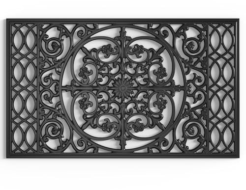 Silicone Rubber Doormat Outdoor, Wrought Iron Scroll Design, Heavy Duty Outside Entrance Mat with Drainage, Vinyl Floor Safe, Odorless Weatherproof Rug for Patio, Porch, Deck (Black Flower, 30 * 18)