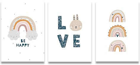 3er Set Kinderzimmer Poster DIN A4 in Pastell Farben Regenbogen & Hase | Bilder Kinderzimmer, Kinderzimmer Deko, Wandbilder, Deko Bilder, Boho Dekoration für Kinder