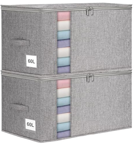 Huquter 60L Große Kleidung Aufbewahrungsbox Stoff mit Reißverschlüssen, Seiten- und Bodenschutz, 2er-Pack Aufbewahrungstasche, Verstärkter Griff Stabiler Doppelreißverschluss, Durchsichtiges Fenster