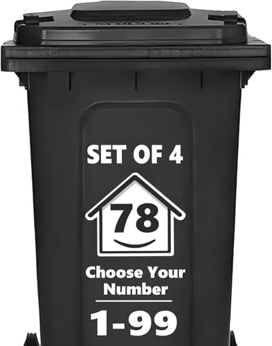 4 x Bin Numbers for Wheelie Bins, 1-99, 15cm ‘Happy House’ Design Dustbin Stickers, Easy Application Stick On Number Stickers - Weatherproof Self Adhesive Vinyl, Black (78)