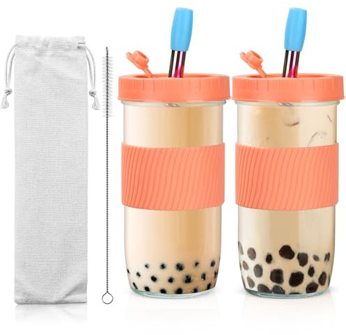 Osrioal 2 Pack Reusable Bubble Tea Cup, 730ml/24oz Wide Mouth Smoothie Cups with Lids and Straws, Iced Coffee Glass with Silicone Sleevet, Leakproof Glass Mason Jars, Pink