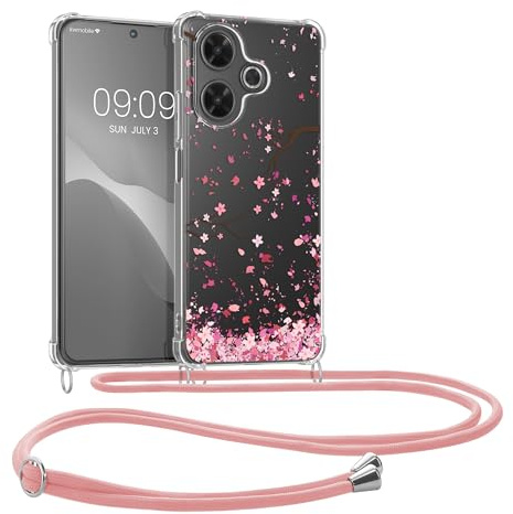 kwmobile Necklace Case kompatibel mit Xiaomi Redmi 13 Hülle - Silikon Cover mit Handykette - Rosa Dunkelbraun Transparent Kirschblütenblätter