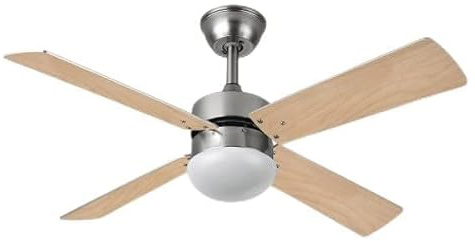 Brightium Ventilateur DC avec 4 pales, inverse, télécommande, minuterie, finition nickel et bois clair, idéal pour rafraîchir les pièces.