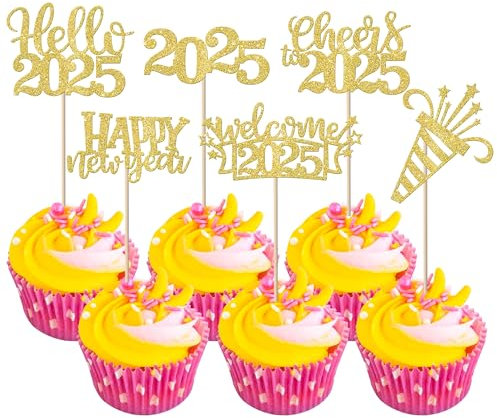 36 Stück Happy New Year 2025 Cupcake Toppers Glitzer Welcome 2025 Tortendeko Cheers to 2025 Kuchen Deko Hello 2024 Kuchen Dekoration für 2025 Frohes Neues Jahr Party Torten Dekoration Gold