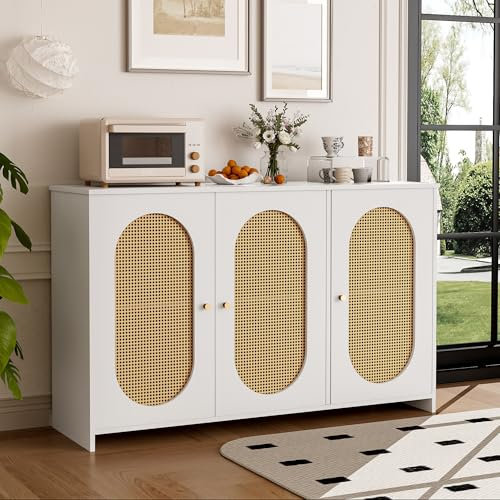 SHUGUANG Boho-Stil Sideboard Küchenschrank mit 3 Türen, Großem Stauraum, Künstlichen Rattantüren und Metallgriffen, Moderner Buffetschrank Akzentmöbel für Esszimmer, Wohnzimmer und Eingang (Nussbaum)