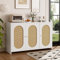 SHUGUANG Boho-Stil Sideboard Küchenschrank mit 3 Türen, Großem Stauraum, Künstlichen Rattantüren und Metallgriffen, Moderner Buffetschrank Akzentmöbel für Esszimmer, Wohnzimmer und Eingang (Nussbaum)