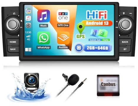 CAMECHO 2+64G Android 13 Autorradio para Fiat Punto 05-09/Linea 07-11, 7 Pulgadas Wireless Carplay Android Auto Bluetooth HD Touchscreen Radio con GPS WiFi HiFi FM Mirror Link 2USB +Cámara Trasera