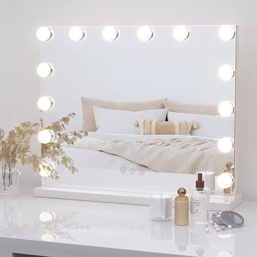 Moziel 50x42cm Specchio da Trucco con Luci, Specchio Hollywood da Tavolo o da Parete con Lampadine a 14 Led Tre Colori di Luce e Funzione di Luminosità Regolabile