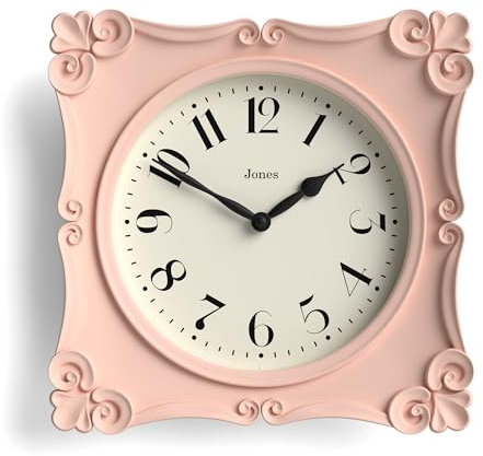 JONES CLOCKS® Rialto wanduhr | Verzierte quadratische Uhr im vintagestil | 25cm | Rosa | Ideal für das wohn oder Schlafzimmer
