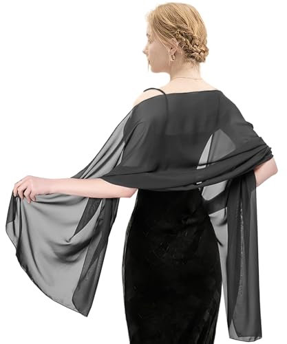 dellyy Stola Damen Elegant, Festliche Stola Damen, Chiffon Schal Stola Damen für Stola für Abendkleid Seide Alltag Abendkleid Brautkleid Hochzeit (Schwarz)