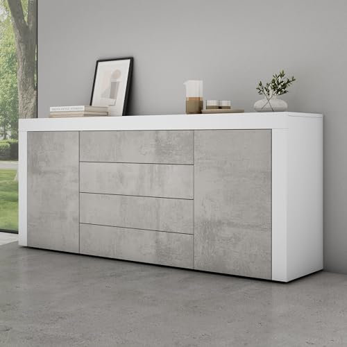 Mai & Mai Meuble de Rangement avec 2 Portes et 4 Tiroirs Casier de Rangement Polyvalent Buffet Blanc Mat + Béton 167x36x70 cm SR03