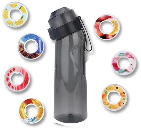 Air Gourde, avec 7 Pods, 650ML, Bouteille d'eau parfumée, Gout Fruité, Écologique, Sans BPA, Capsules de Saveur, Sport, Enfant, Paille, Cola, Pomme, Fraise, ... Set up Pack (Noir)
