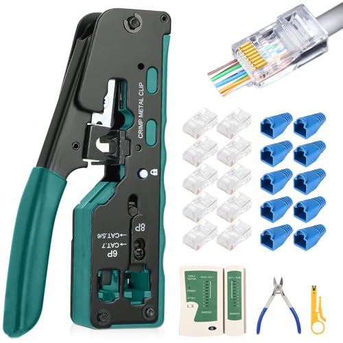 Juego de crimpadora con probador de red Incluye alicates de crimpado, pelacables, 50 conectores y comprobador de red. Perfecto para Cat5, Cat6, Cat7. Fiable en la oficina, el hogar o para