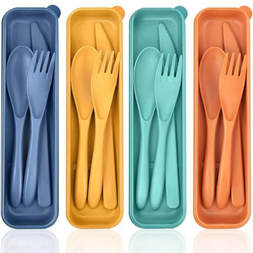 WUSJCOF Set di Posate con Custodia, Set di Posate per Campeggio, Picnic, Ufficio e Scuola, Set di Coltello, Cucchiaio e Forchetta in Plastica, Posate Leggere per Esterni in 4 Colori