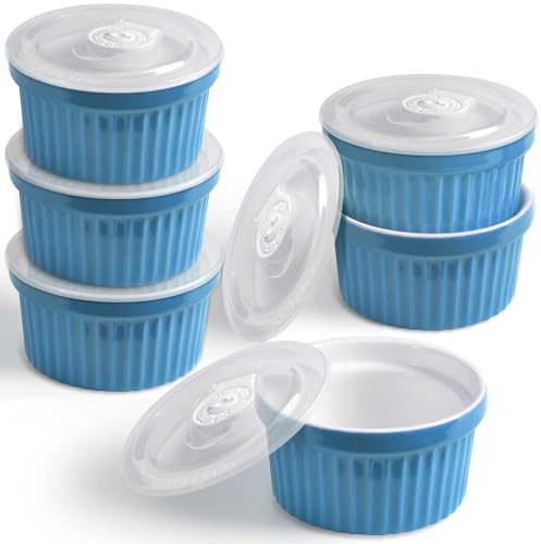 homEdge Lot de 6 ramequins en porcelaine avec couvercle - 240 ml - Pour crème glacée - Pour crème brûlée - Bleu