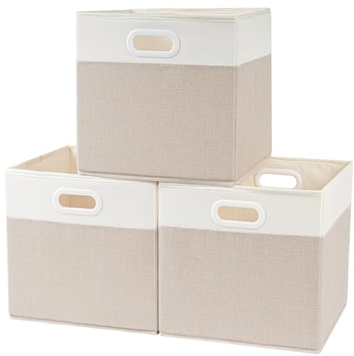 SOCOHOME Aufbewahrungsboxen Stoff,30x30x30cm Faltbare Aufbewahrungskörbe für Schrank Regal und Kleidung,Waschbar(Hellbeige/Weiß, 3 Pack)